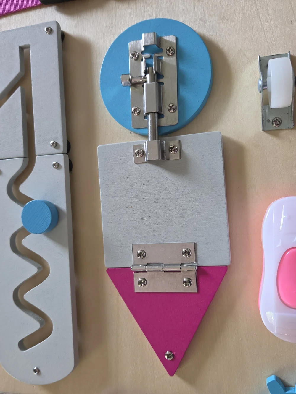 Wooden Montessori Busy Board for Kids - Pink, Turquoise, White